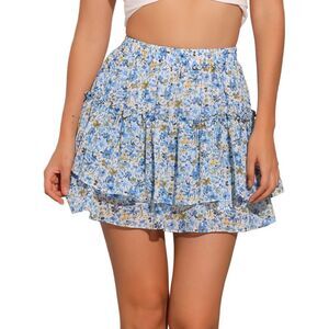 Floral Tiered Ruffle Cute Summer Flowy Chiffon Mini Skirt Blue a